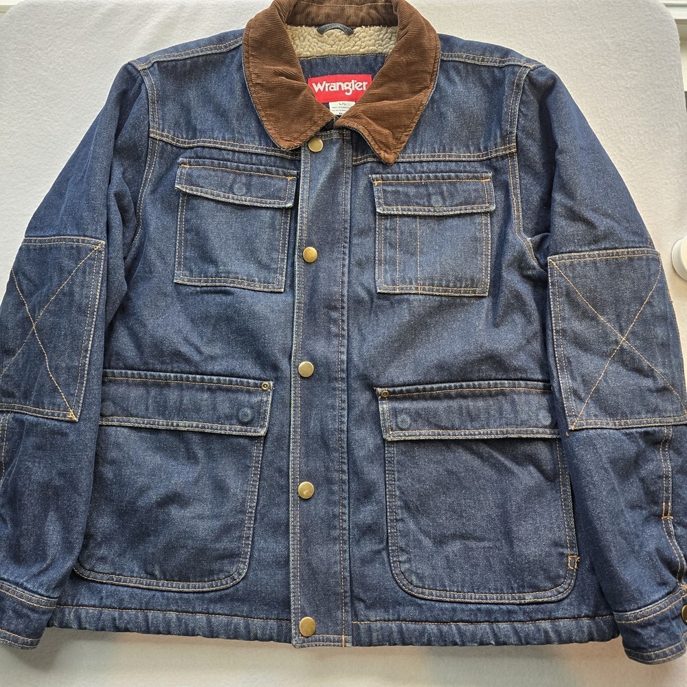 VTG Wrangler Sherpa Lined Barn Coat Mens (L) Blue Denim Western Corduroy Collar